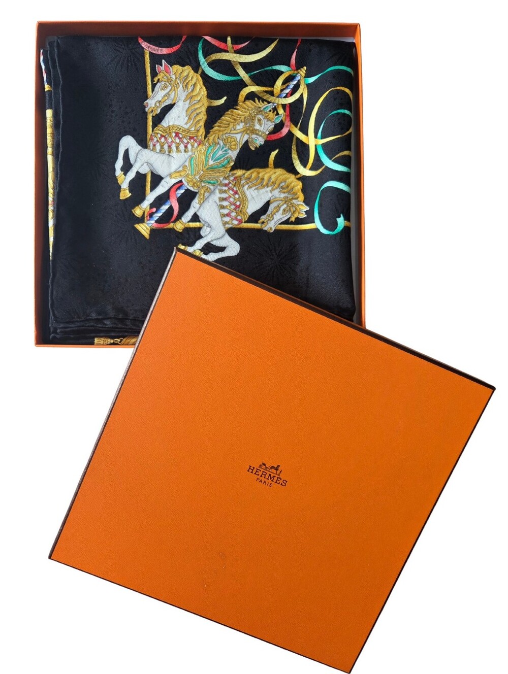 Hermes MINT Luna Park Silk Scarf 90cm/ 35" Black Carousel Horses Gold Pink Blue - Picture 17 of 17